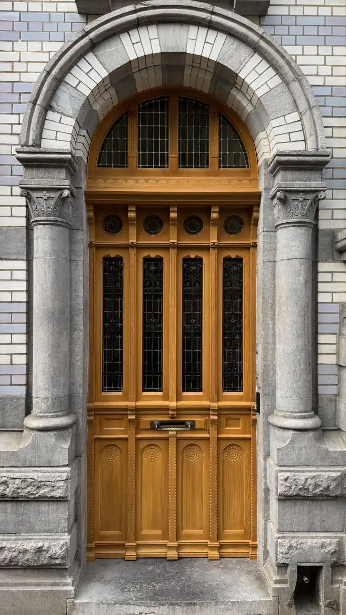 Porte en chêne sculptée à l'identique avec vitraux et fer forgé