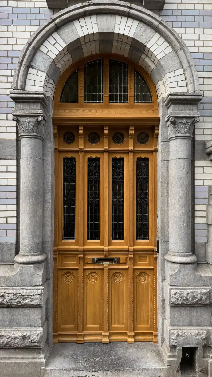 Porte en chêne sculptée à l'identique avec vitraux et fer forgé